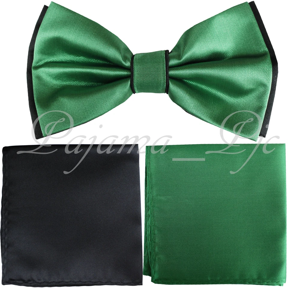 Juego de 3 piezas de pajarita preatada y pañuelo cuadrado de bolsillo para boda negro esmeralda Foto 1 de 1