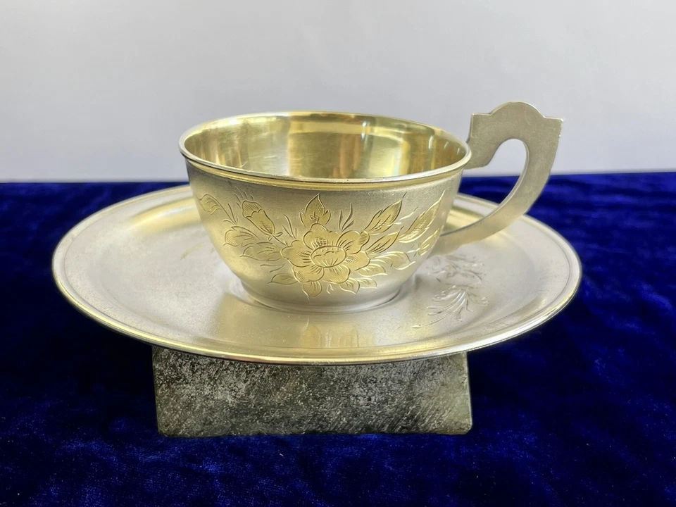 Taza Vintage Platillo Ruso Platillo Cuenco Huevo Kovsh Taza Antigua Cuchara Esterlina Foto 1 de 4