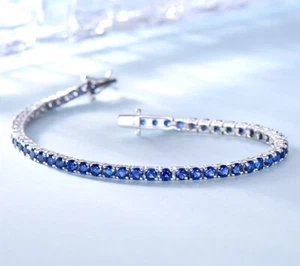 Sapphire Bracelet 925 Sterling Silver Tennis Bracelet 19 cm - Picture 1 of 6