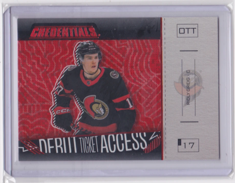 2023-24 UD CREDENTIALS DEBUT TICKET ACCESS HORIZONTAL RED /125 RIDLY GREIG #194 - Image 1 of 2