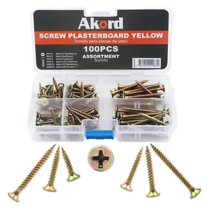 100PCS Plasterboard Screw Yellow Assortment Kit #6X20-40, #7X25-40 6Sizes - Picture 1 of 8