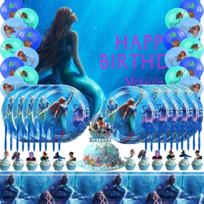 Juego de suministros de fiesta de la Sirenita platos globos pancarta adornos para pasteles Foto 1 de 4