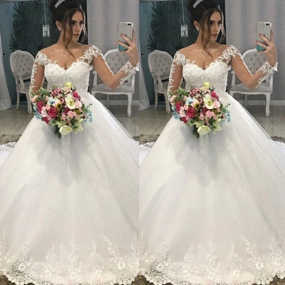 Wedding Dresses Lace Appliques V Neck Long Sleeve Chapel Train Ball Gown Custom - Image 1 of 4