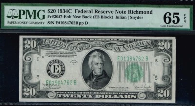 NEW BACK.  $20 1934C Richmond FRN. Fr. 2057-Hnb. PMG 65 EPQ.  - Image 1 of 2