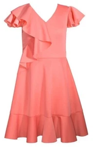 NWT Bonnie Jean Girls 7 Coral V-Neck Flutter Sleeve Ruffle Skater Dress - Picture 1 of 2