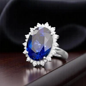 Anillo de oro blanco de 18 quilates con diamantes naturales de 26,30 quilates cultivados en laboratorio de corte ovalado de zafiro azul - Imagen 1 de 9