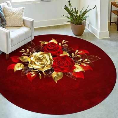 Alfombra redonda antideslizante lavable a máquina - piso de poliéster con patrón de rosa roja y dorada Foto 1 de 4