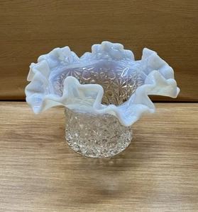 Vintage Fenton White Opalescent Ruffle Top Hat Vase Crimped Edge 6” Wide - Picture 1 of 8