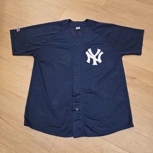 VTG 90s New York Yankees Russell MLB Jersey Mens L Navy Blue Mesh Button Up  - Picture 1 of 9