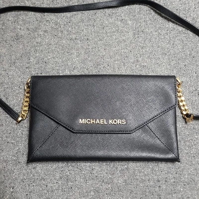 Michael Kors Purse Black Gold Jet Set Medium Saffiano Leather Clutch Crossbody  - Image 1 of 4