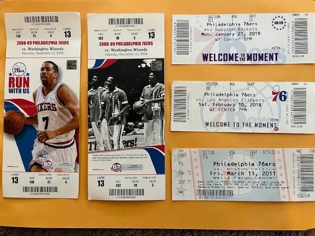Lot of 5 Philadelphia 76ers ticket stubs from 2008 thru 2019 - Image 1 of 1