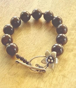 Silpada Brown Bronzite Ball Bead Sterling Silver Flower Toggle Bracelet - Picture 1 of 11