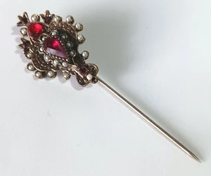 Ornate Vintage Gold-tone Stickpin w Red Rhinestones & Mini Faux Pearls 2.75" - Picture 1 of 9