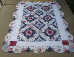 Quilted Patchwork 8 Point Star w/Lace Accent Floral Quilt Hand Sewn 79" x 63" - Picture 1 of 12