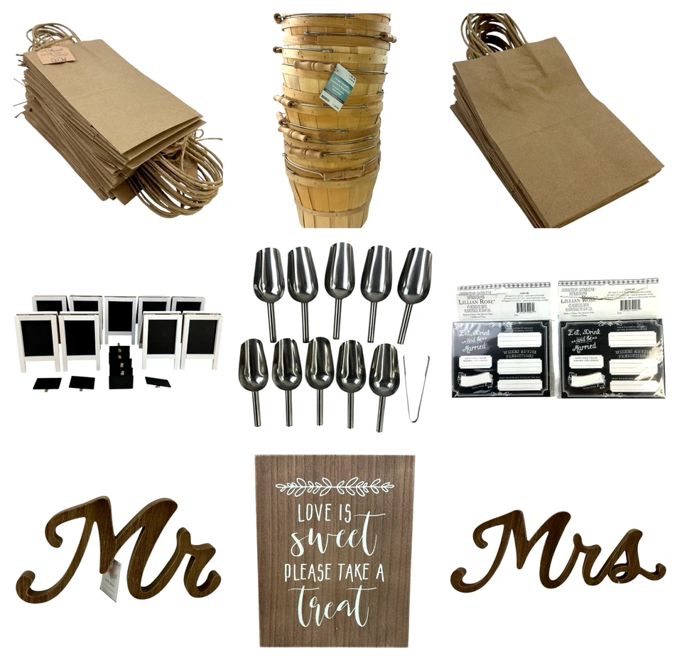 Paquete de barra de caramelo de boda Bushel cestas cucharadas mini tablas de tiza letreros y más Foto 1 de 4