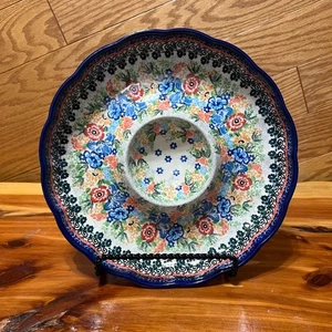 Polnische Keramik UNIKAT 3311 Chip N Dip Servierer Blau Blumen Ceramika Handarbeit  - Bild 1 von 8
