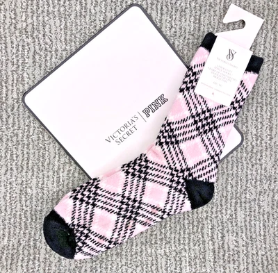 Victoria's Secret Nuevo Con Etiquetas Rosa A Cuadros Acogedores Vellón Crew Calcetines Logo Lindo Vacaciones Invierno Foto 1 de 4