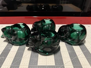 Vintage Indiana Glass Emerald Green Sleeping Cat Votive Set of 4 NWT - Picture 1 of 10