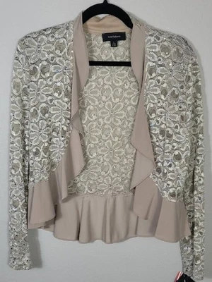NWT R&M Richards Lace Open Cardigan Bolero Size L Sheer Mesh Floral Ivory Ruffle - Image 1 of 4