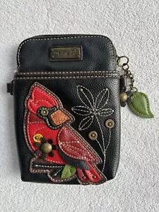 Chala Crossbody Handbag Cardinal Bird Flowers Black Red Faux Leather Charm READ - Picture 1 of 9