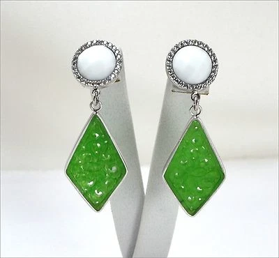 ORECCHINI IN ARGENTO 925 CON ZIRCONI AGATA BIANCA E GIADA VERDE ROMBO AGHT 0597 - Immagine 1 di 3