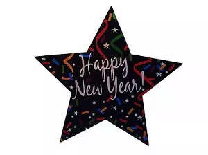 4 Happy New Year multi-color star cut outs double sided 14" x 14" (4 count) - Picture 1 of 1