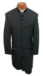 Men's Long Black Tuxedo Jacket Frock Coat with Satin Mandarin Nehru Collar 38L - Picture 1 of 5