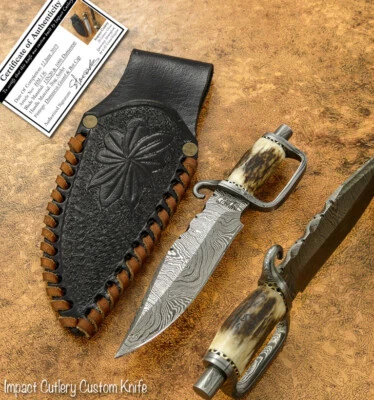 IMPACT CUTLERY RARE CUSTOM DAMASCUS MINIATURE NECK KNIFE STAG ANTLER HANDLE - Image 1 of 4