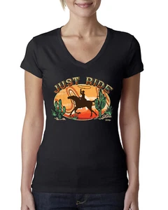 Retro Cowboy Just Ride Cacti Sunset Lasso Women Junior Fit VNeck Tee - Picture 1 of 10
