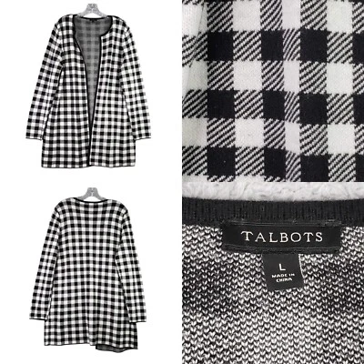 Cárdigan Suéter Talbots Guinga Cuadros Lana Negro LS Abierto Talla L Grande Longline Foto 1 de 4