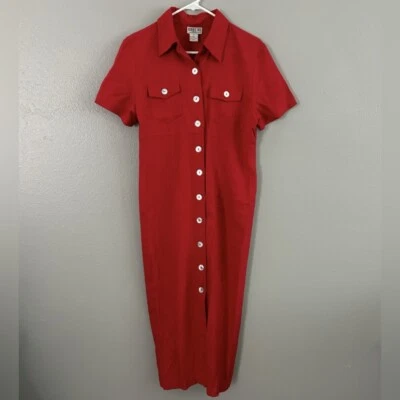 Robbie Bee Petite Sz 12 Red Linen Blend Button Front Collared Maxi Dress Pockets - Image 1 of 4