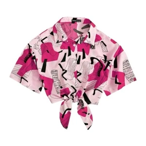 SHEIN Essnce Graphic Print Tie Front Crop Shirt Kurzarm Gr. XL rosa schwarz - Bild 1 von 5