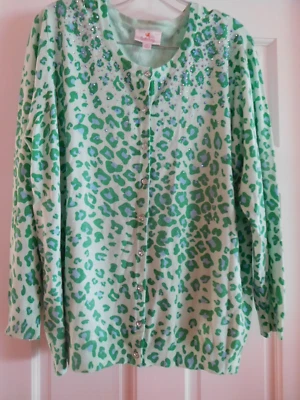 Quacker Factory Leopard Animal Print Cardigan Sweater Rhinestones GREEN Size XL - Image 1 of 4