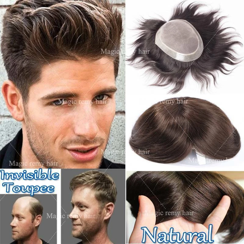 Sistema de reemplazo de cabello invisible mono encaje toupee para hombre cabello humano virgen real Foto 1 de 4