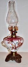 Antique 1880"s Hand Painted Oil Lamp with Brass and Cast Iron Base 