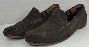 Donald J Pliner Brown Suede ‘Nicola’ Purple Thread Penny Loafers, Size 9.5 - Picture 1 of 12