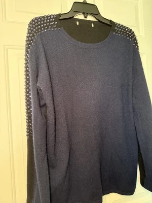 Two Tone Navy Black 100% Cashmere Sweater Purple Rhinestones Whimsy Luxury L/XL? - Image 1 of 4