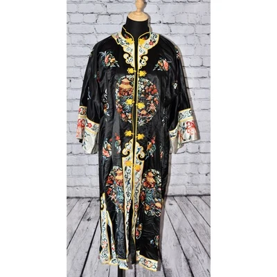 ESME Chinese Silk Asian Black Floral Embroidered Kimono Robe Duster Jacket - Image 1 of 4