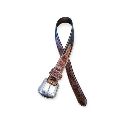 Vintage Black & Brown Leather Tooled Western Belt Etched Buckle Sz 36 - Image 1 of 4