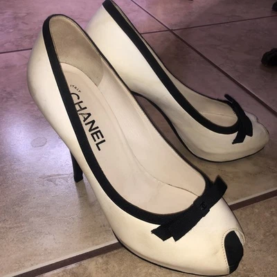 Chanel Peep Toe Pump Lambskin White/Cream with Black Fabric Trim & Bow Gorgeous - Image 1 of 4
