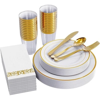 Juego de vajilla desechable con borde plateado 25 platos tazas tenedores cucharas fiesta nuevo Foto 1 de 4