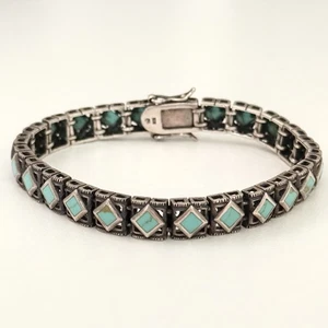 Vintage 925 Sterlingsilber Türkis Edelstein Tennis Kette Gliederarmband 7,5" - Bild 1 von 9