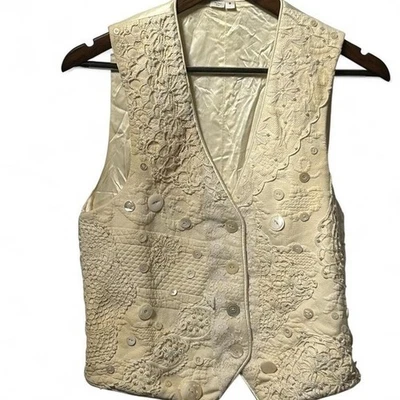 Cream and tan vintage vest with buttons, lace, and sequins - Image 1 of 4