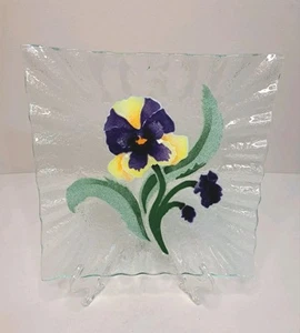 Fused Art Glass Pansy Square Plate 8.75" Ruffled Edge - Picture 1 of 7