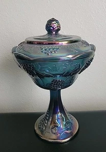 VTG Indiana Glass Harvest Grape Iridescent Blue Carnival Glass Wedding Bowl /Lid - Picture 1 of 10