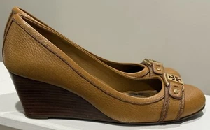 Tory Burch Womens 7.5 M Wedge Pumps Tan Brown Leather Slip On Shoe - Picture 1 of 5