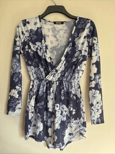 Misguided Ladies Blue & White Long sleeve Floral Playsuit Size 10 - Picture 1 of 4