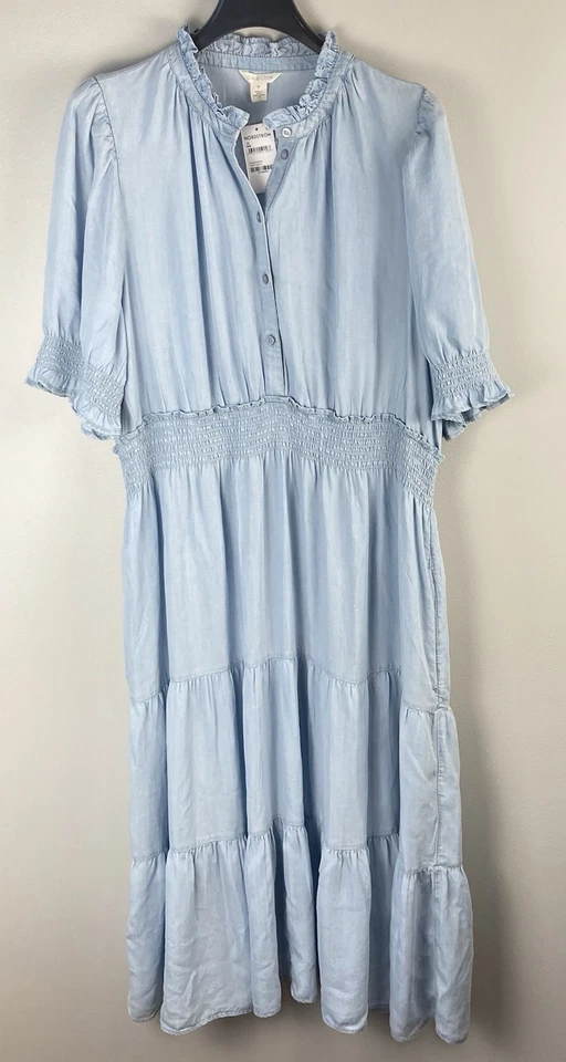 Caslon Maxi Dress Denim Blue Button Front Tiered Long Pockets Smocked Size 1X - image 1 of 4