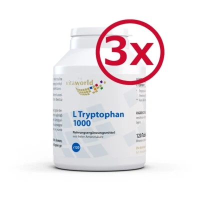 Confezione da 3 Vita World L-Triptofano 1000mg 3x 120 Tab, Serotonina ad Alto Dosaggio, Vegan