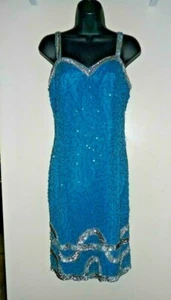 Vtg Nadine Hand Beaded Sequined Evening Dress Aqua Turquoise Silver Straps 7/8 - Picture 1 of 12